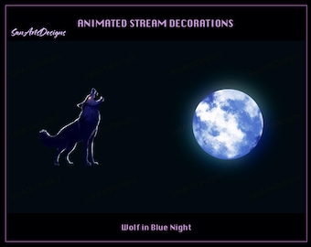 Howling Wolf Animated Stream Decorations, Howling Wolf under Blue Moon Animated Twitch Decorations dla Streamerów, OBS, StreamLabs