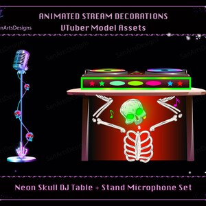May include: Neon green skull DJ table with a stand microphone. The table has a red background with white bones and a skull. The microphone is on a stand with a purple base and skulls on the stand. The table has a green light bar with stars on either side.