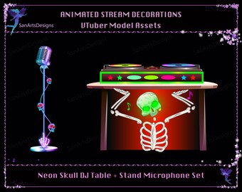 Set of Neon Skull DJ Table and Skull Stand Microphone Animated Stream Decorations, Animated VTuber Model Assets Neon DJ Table and Microphone