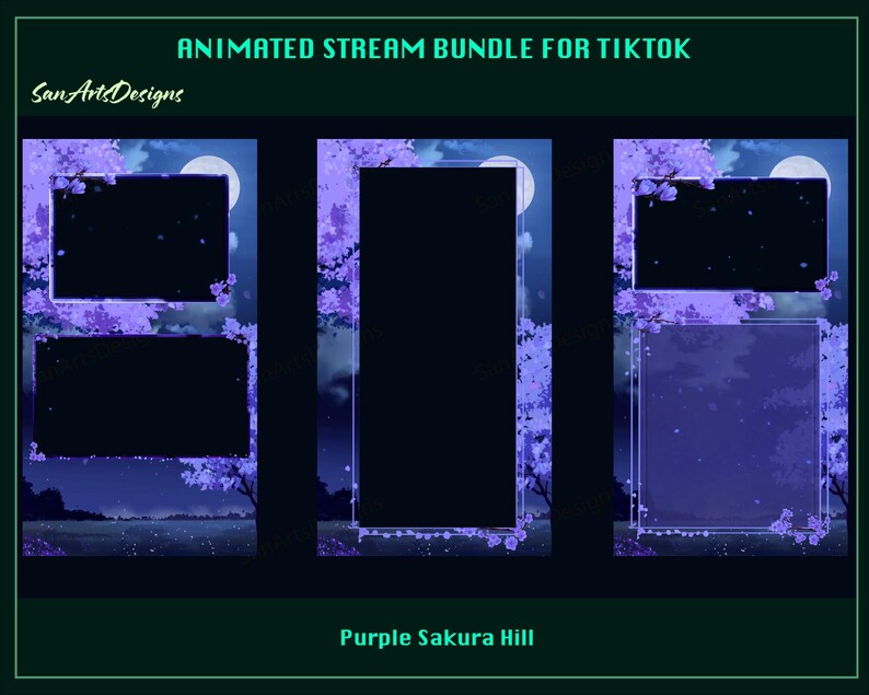 May include: Animated stream bundle for TikTok with a purple sakura hill theme. The bundle includes three animated frames with a dark blue background and purple flowers. Each frame has a black rectangle for a video or image.