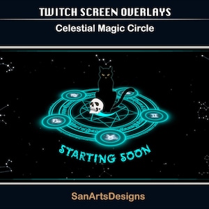 Geanimeerde scènes Celestial Magic Circle, geanimeerde Twitch-overlays Celestial Witchy Black Cat voor Streamers, OBS, Vtubers, YouTubers