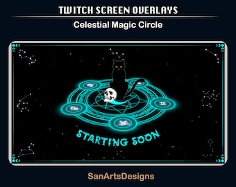 Animated Scenes Celestial Magic Circle, Animated Twitch Overlays Celestial Witchy Black Cat for Streamers, OBS, Vtubers, YouTubers