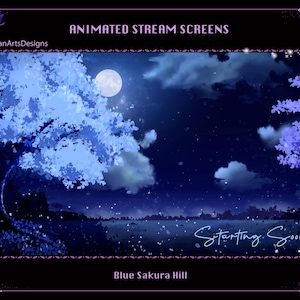 Animated Stream Overlay Blue Sakura Hill, Animated Twitch Overlay Blue Sakura Night, Blue Sakura Twitch Screen for Streamer, OBS, StreamLabs