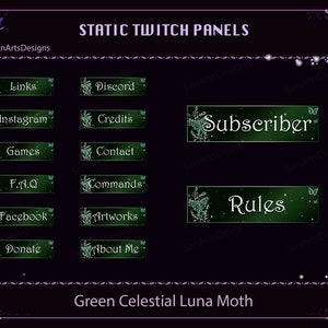 Twitch Panels Green Celestial Luna Moth, Static Twitch Panels Green Celestial Luna Moth for Streamers, OBS, Vtubers, YouTubers