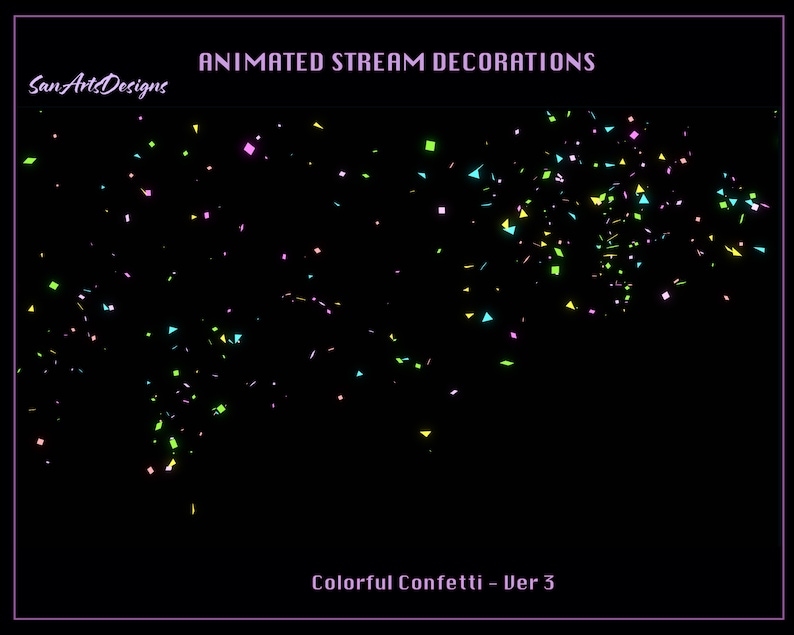 Puede incluir: Decoraciones animadas de transmisi&oacute;n con confeti de colores en rosa, azul, verde y amarillo. El texto "Colorful Confetti - Ver 3" est&aacute; en la parte inferior de la imagen.