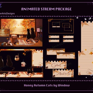 Paquete de superposición de transmisión animada Honey Black Cat de Autumn Window, Honey Bee PC Room en otoño Superposiciones animadas de Twitch para streamers, OBS