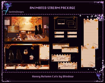 Animated Stream Overlay Package Honey Black Cat by Autumn Window, Honey Bee PC Room in Fall Animated Twitch Overlays for Streamers, OBS