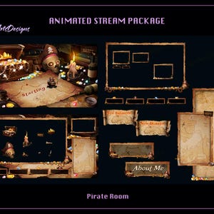 Animated Stream Bundle Pirate Room, Pirate Desk Animated Twitch Overlays Package for Streamers, OBS, StreamLabs, StreamElements