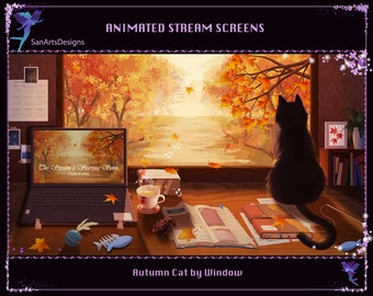 Animated Stream Overlays Black Cat by the Autumn Window, Animated Twitch Overlays Autumn Cat for Streamers, OBS, StreamLabs, StreamElements