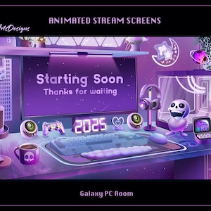 May include: A purple and black animated stream screen with a galaxy theme. The screen shows a computer desk with a monitor displaying the text "Starting Soon Thanks for waiting" and a digital clock displaying "2025". The screen also shows a microphone, headphones, a gaming controller, a coffee mug, and a computer tower.