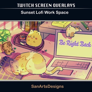 Escenas animadas Sunset Lofi Work Space, superposiciones animadas de Twitch Lofi PC Desk Sleeping Cat para Streamers, OBS, Vtubers, YouTubers