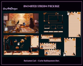 Black Cat by Halloween Autumn Window Animated Stream Overlay Bundle, Halloween PC Room in Fall Twitch Overlays for Streamer, OBS, Streamlabs