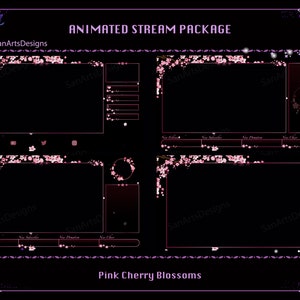 May include: Animated stream package with a pink cherry blossom theme. The package includes a main stream screen, a chat screen, a social media panel, and a schedule panel. The design features a pink and purple color scheme with a fairy graphic.
