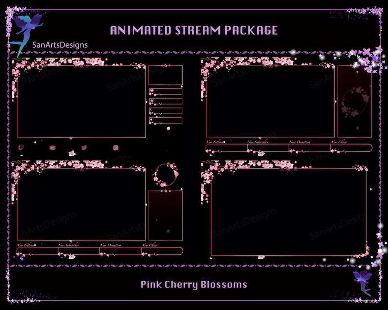 May include: Animated stream package with a pink cherry blossom theme. The package includes a main stream screen, a chat screen, a social media panel, and a schedule panel. The design features a pink and purple color scheme with a fairy graphic.