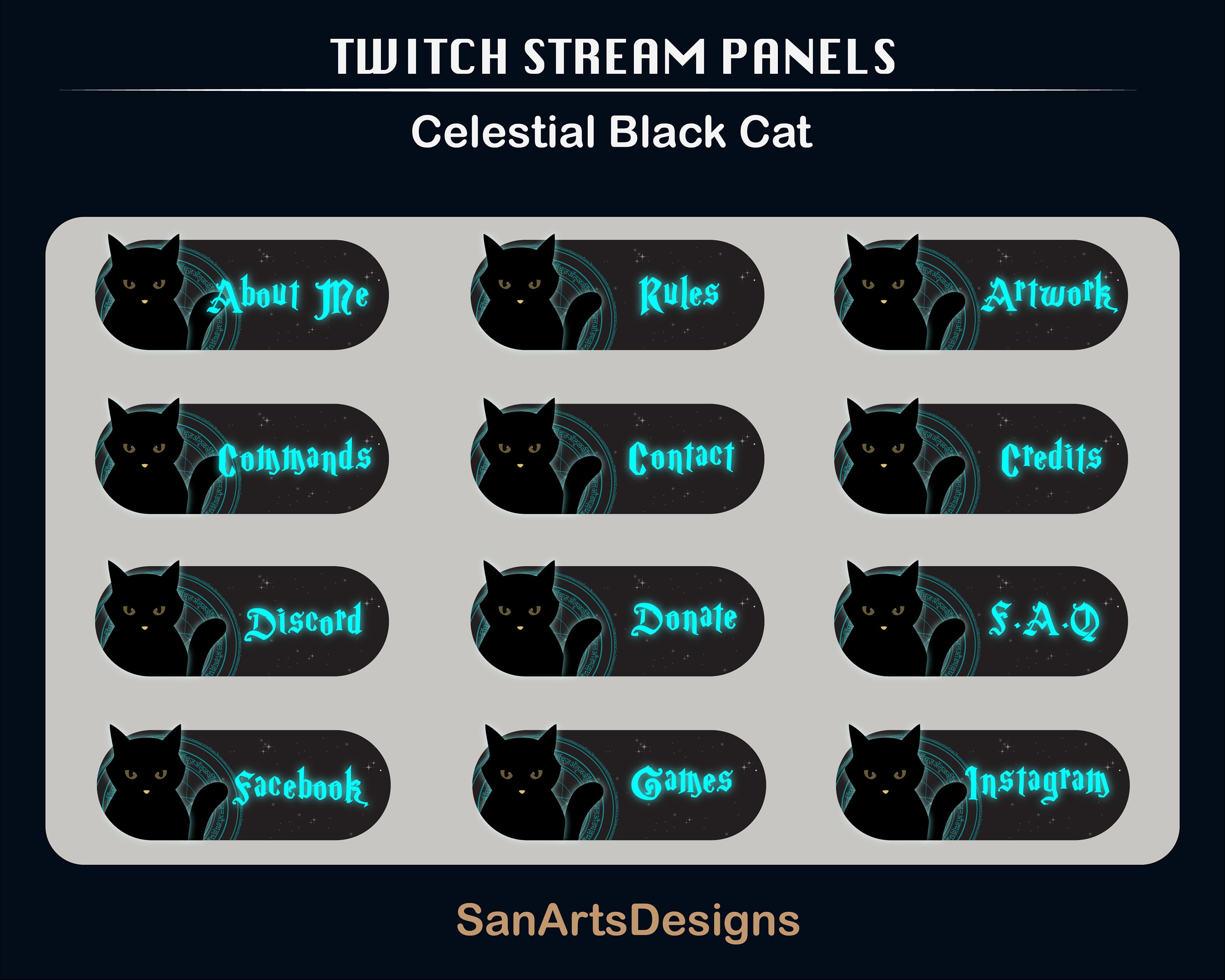 Twitch Panels Celestial Magic Circle, Static Panels Celestial Witchy Black Cat for Streamers, OBS, Vtubers, YouTubers