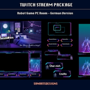 German Animated Stream Package Robot Game Room, Animated Twitch Overlay Package Robot PC Room for Streamers, OBS, Streamlabs, TROVO