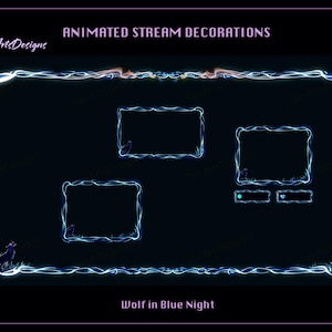 May include: Animated stream decorations with a blue neon border and a wolf silhouette. The text "Wolf in Blue Night" is at the bottom of the image.
