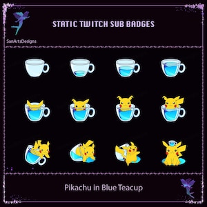 May include: A set of nine static Twitch sub badges featuring Pikachu in a blue teacup. The badges show Pikachu in different poses, including sitting, swimming, and drinking from the teacup. The badges are designed for use on Twitch, a popular live streaming platform.