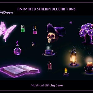 Könnte beinhalten: Animierte Stream-Dekorationen für ein mystisches Hexenhöhlen-Thema.  Enthält einen lila Schmetterling, Zaubertrankflaschen, einen Schädel mit Hexenhut, eine Teetasse, eine Laterne, eine Kerze, ein Buch und einen Strauß lila Blumen.