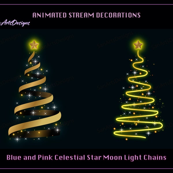 Sparkle Christmas Tree Animated Stream Decorations, Sparkling Xmas Gold Tree Twitch Overlay for Streamer, Vtuber, OBS, Streamlabs