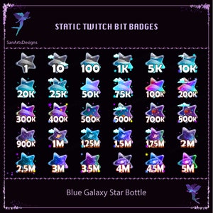 Emblemas azuis do bocado do Twitch da garrafa da estrela da galáxia, emblemas azuis do bocado do Twitch da estrela da galáxia, emblemas celestiais do bit para streamers