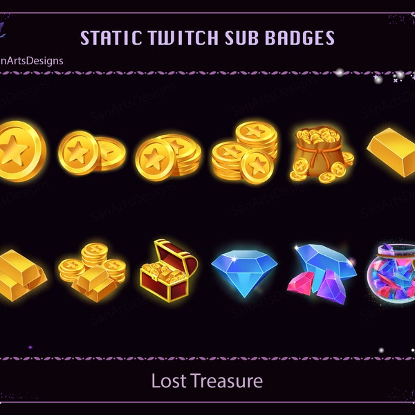 Lost Treasure Twitch Sub Badges, Goldmünzen Stream Sub Badges, Diamant Twitch Sub Badges für Streamer, Vtuber, YouTuber, OBS, Chat