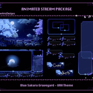 Animated Stream Package Blue Sakura Graveyard, Animated Twitch Overlays Package Blue Sakura Night for Streamer, OBS, Vtubers, YouTubers