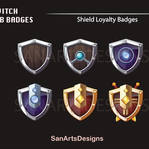 May include: Six different Twitch sub badges featuring shields with various designs. The shields are silver with different colored centers, including wood, purple, red, and gold. The text "Shield Loyalty Badges" is at the top of the image.