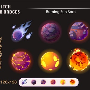 Burning Sun Twitch Sub Badges, Sun Born Twitch Sub Badges, Kawaii Sub Bit Badges for Streamers, YouTubers, Discord, OBS