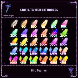 Insignias de bits de Twitch de plumas de pájaro coloridas, insignias de bits de Twitch de plumas de pájaro mágicas, insignia sub Kawaii para Streamer, YouTuber, Discord
