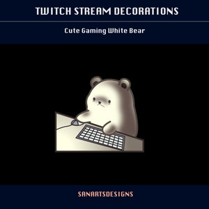 May include: A white bear wearing a grey shirt sits at a computer desk, typing on a keyboard with a mouse beside it. The bear has a serious expression on its face. The background is black.