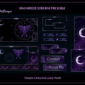 Pacote de fluxo animado Purple Celestial Luna Moth, Animated Twitch Overlay Magical Celestial Tarot Luna Moth para Streamer, OBS, Streamlabs
