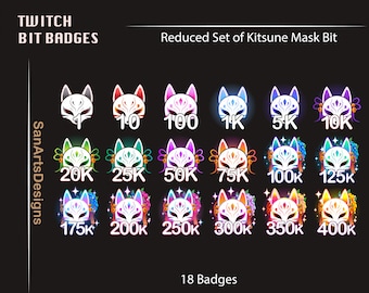 Puede incluir: Un conjunto de 18 insignias de bits de Twitch que presentan una máscara kitsune con diferentes fondos y flores de colores. Las insignias muestran la cantidad de bits necesarios para ganarlas, que van de 1 a 400.000.