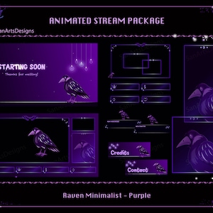 ストリーマー、OBS、Streamlabs、StreamElements、その他のプラットフォーム向けのアニメーション ストリーム オーバーレイ パッケージ Minimalist Purple Raven