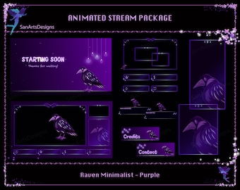 Geanimeerd Stream Overlay-pakket Minimalist Purple Raven voor Streamers, OBS, Streamlabs, StreamElements, andere platforms