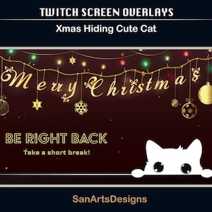 Animowane sceny Boże Narodzenie słodki ukrywający się kot | Animowane nakładki Twitch Boże Narodzenie słodki biały kot | Streamerzy, OBS, Vtuberzy, YouTuberzy