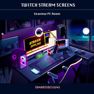 アニメーションシーンの海辺の PC セットアップ ルーム、アニメーション Twitch オーバーレイ ストリーマー、OBS、Vtuber、YouTuber 向けの海辺の暗い PC ルーム