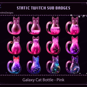 Pink Galaxy Magic Cat Bottle Twitch Sub Badges, Pink Cat Bottle Twitch Sub Badges, Kawaii Sub Badges for Streamers, YouTubers, Discord