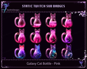 Pink Galaxy Magic Cat Bottle Twitch Sub Badges, Pink Cat Bottle Twitch Sub Badges, Kawaii Sub Badges for Streamers, YouTubers, Discord