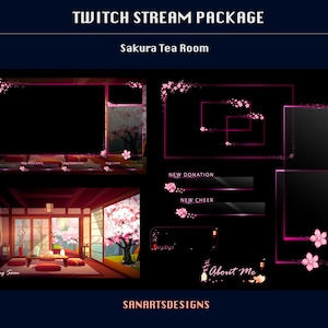 Animated Stream Package Sakura Tea Room, Animated Twitch Overlays Pack Sakura Tea PC Room for Streamers, OBS, Vtubers, YouTubers, Streamlabs
