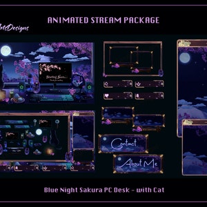 Blue Night Sakura PC Desk Animated Stream Overlay Bundle, Blue Sakura PC Desk  Animated Twitch Overlay Bundle, Sakura Cat Twitch Overlays