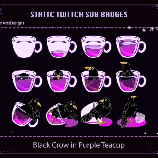 Black Crow in Purple Teacup Twitch Sub Badge, Cute Black Crow Teacup Twitch Sub Badge, Kawaii Sub Bit Badge for Streamer, YouTuber, Discord