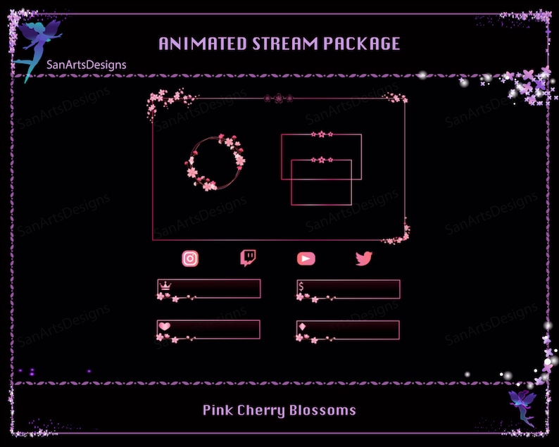 May include: Animated stream package with pink cherry blossom design. Includes a profile picture frame, chat boxes, and social media icons.