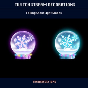 May include: Two animated snow globe Twitch stream decorations. The snow globes are transparent with a white base and a snowflake inside. The left snow globe has a purple glow and the right snow globe has a blue glow.
