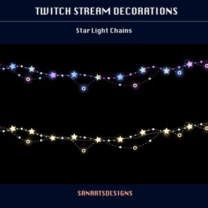 Op de afbeelding: Twee strengen met stervormige lampjes op een zwarte achtergrond. De bovenste streng is roze, blauw en paars. De onderste streng is geel. De tekst "Twitch Stream Decorations" en "Star Light Chains" staat boven de lampjes. De tekst "SANARTSDESIGNS" staat onder de lampjes.