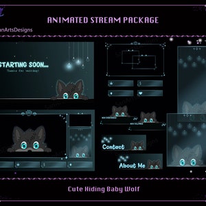 Animated Stream Package Blue Cute Hiding Wolf, Animated Twitch Overlays Cute Baby Wolf for Streamers, OBS, Vtubers, YouTubers