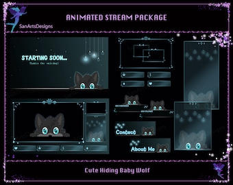 Pakiet animowanych strumieni Niebieski słodki ukrywający się wilk, animowane nakładki Twitch Słodki mały wilk dla streamerów, OBS, Vtuberów, YouTuberów
