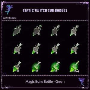 Op de afbeelding: Een verzameling van twaalf statische Twitch sub-badges met een groen magisch botflesontwerp. De badges variëren van een donkere fles met een groene gloed tot een heldergroene gloeiende fles. Tekst bovenaan luidt "STATIC TWITCH SUB BADGES" en onderaan "Magic Bone Bottle - Green".