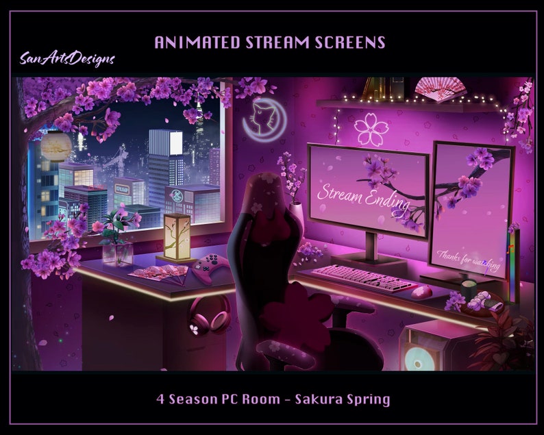 Sakura PC Room Animated Stream Overlay, Sakura PC Room Animated Twitch Overlay, Sakura Game Room Twitch Screen Overlay for Streamers image 5