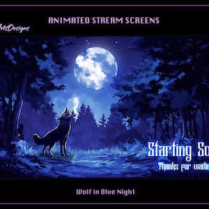Wolf in the Blue Night Animated Stream Overlay, Wolf in the Blue Night Twitch Overlay, Wolf under Blue Moon Stream Screen for Streamers, OBS